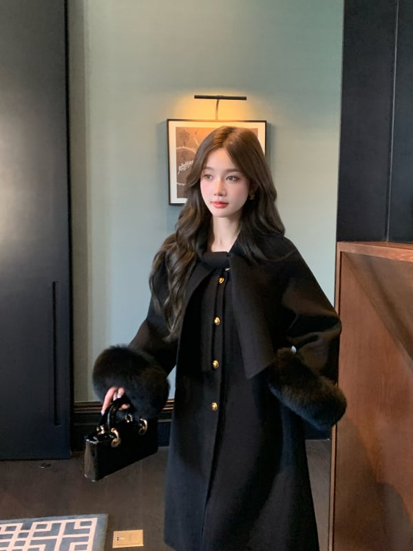 Palton de lână pentru femei, blană de vulpe, lung, guler tip fular, model uni