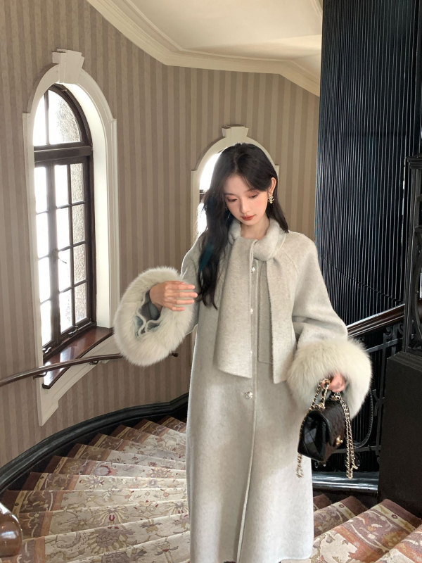 Palton de lână pentru femei, blană de vulpe, lung, guler tip fular, model uni