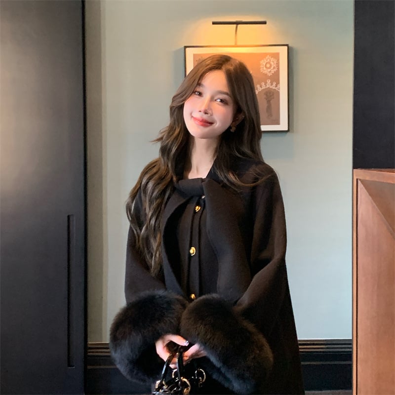 Palton de lână pentru femei, blană de vulpe, lung, guler tip fular, model uni