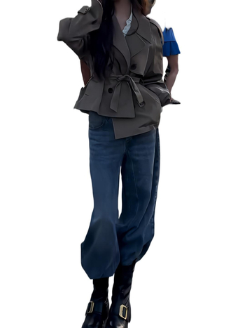 Palton trench scurt pentru femei, din amestec de bumbac, 50–70% bumbac, închidere dublă, mâneci lungi