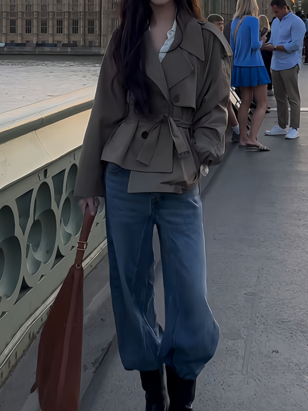 Palton trench scurt pentru femei, din amestec de bumbac, 50–70% bumbac, închidere dublă, mâneci lungi