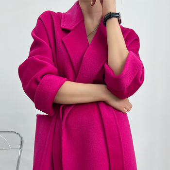 Palto de femei din lână cu cașmir dublu, textură valuri de apă, lungime medie, croială lejeră, mâneci lungi, închidere cu șnur, guler stil sacou