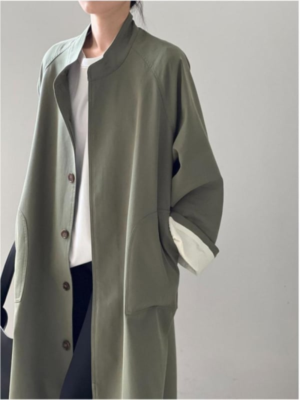 Ženski windbreaker kaput srednje duljine, stojeći ovratnik, chenille tkanina, 50–70% elastan, rukavi u stilu princeze