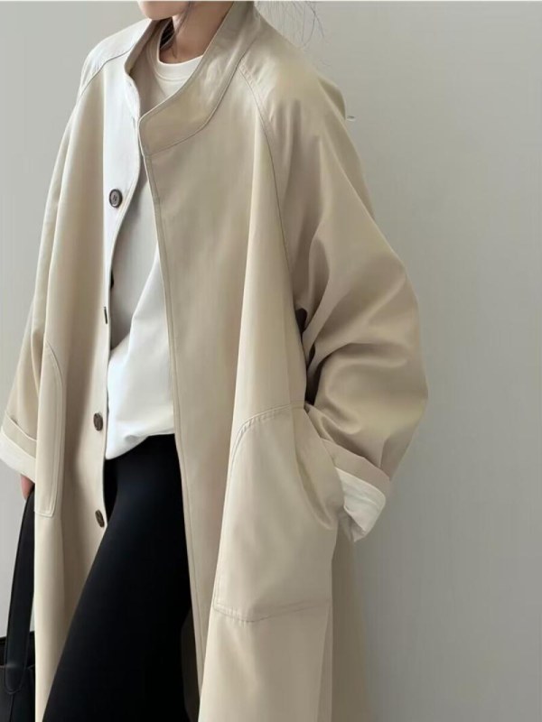 Ženski windbreaker kaput srednje duljine, stojeći ovratnik, chenille tkanina, 50–70% elastan, rukavi u stilu princeze