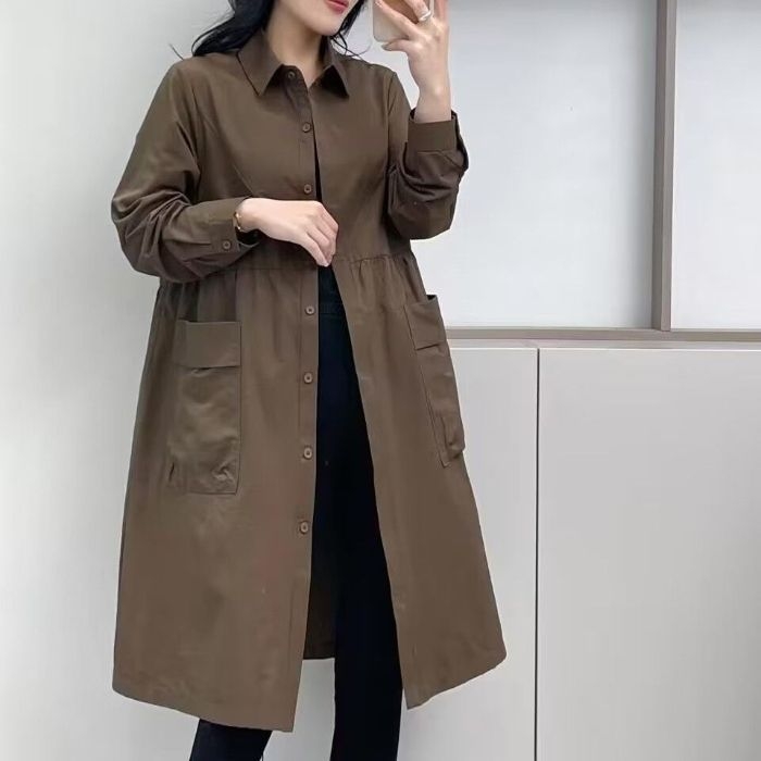 Palton trench pentru femei, lungime medie, Chenille cu Spandex, guler polo, închidere cu nasturi pe un rând, croială largă, lungime 65–80 cm, grosime medie, primăvara 2025