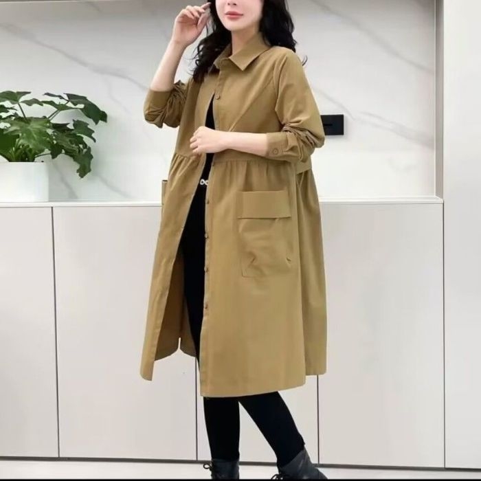 Palton trench pentru femei, lungime medie, Chenille cu Spandex, guler polo, închidere cu nasturi pe un rând, croială largă, lungime 65–80 cm, grosime medie, primăvara 2025