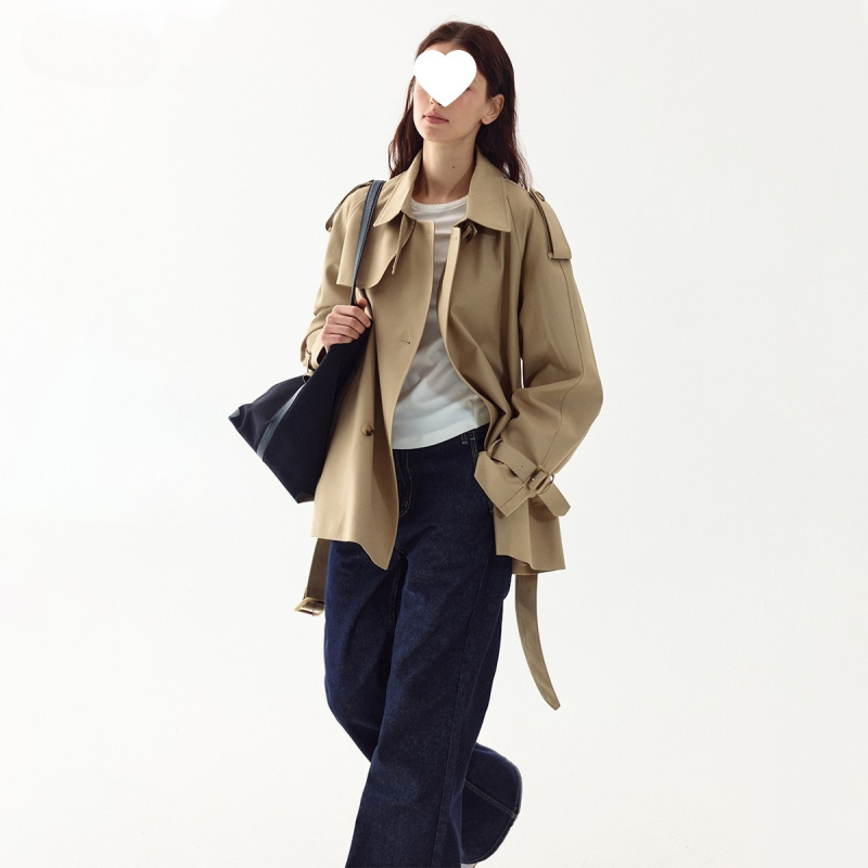 Γυναικείο παλτό τρανς με πόλο γιακά, διπλό κουμπί, ζώνη μέσης με κορδόνι, βαμβακι-chenille μίξη, μεσαίου μήκους, φθινοπωρο 2025