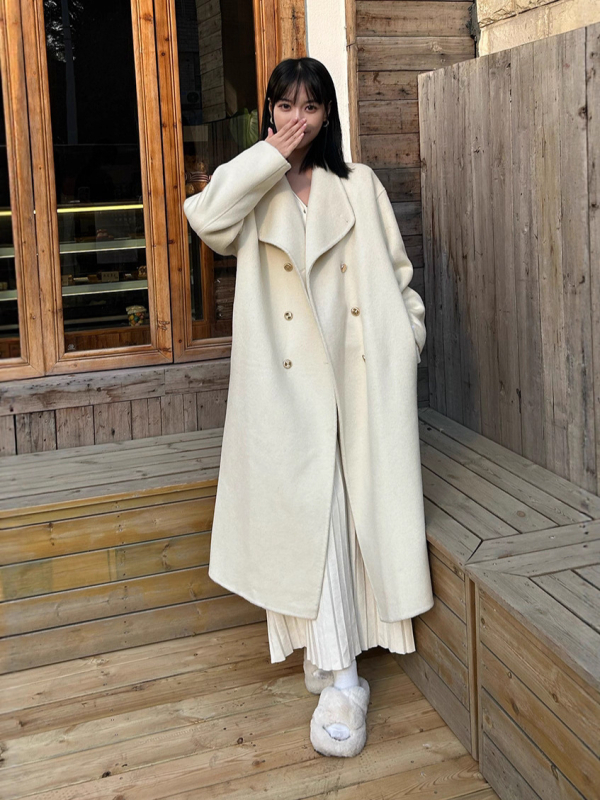 Palton de lână reversibil pentru femei, lungime medie, cu nasturi dubli, guler rever, mâneci lungi