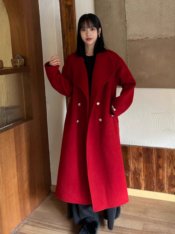 Palton de lână reversibil pentru femei, lungime medie, cu nasturi dubli, guler rever, mâneci lungi