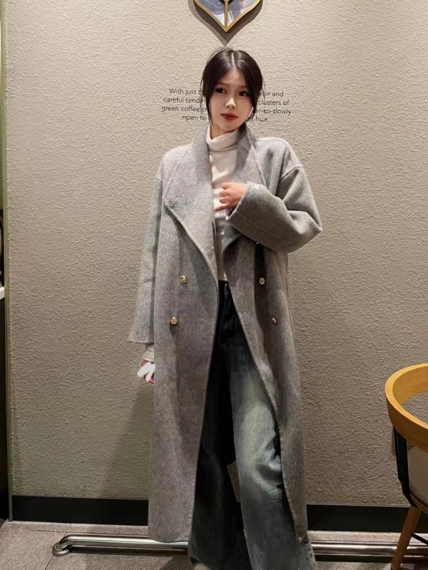 Palton de lână reversibil pentru femei, lungime medie, cu nasturi dubli, guler rever, mâneci lungi