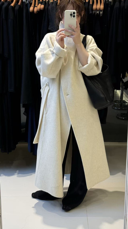 Ženski dugi vuneni kaput, dvostrani, s velikim reverom, korejski stil, opuštena silueta
