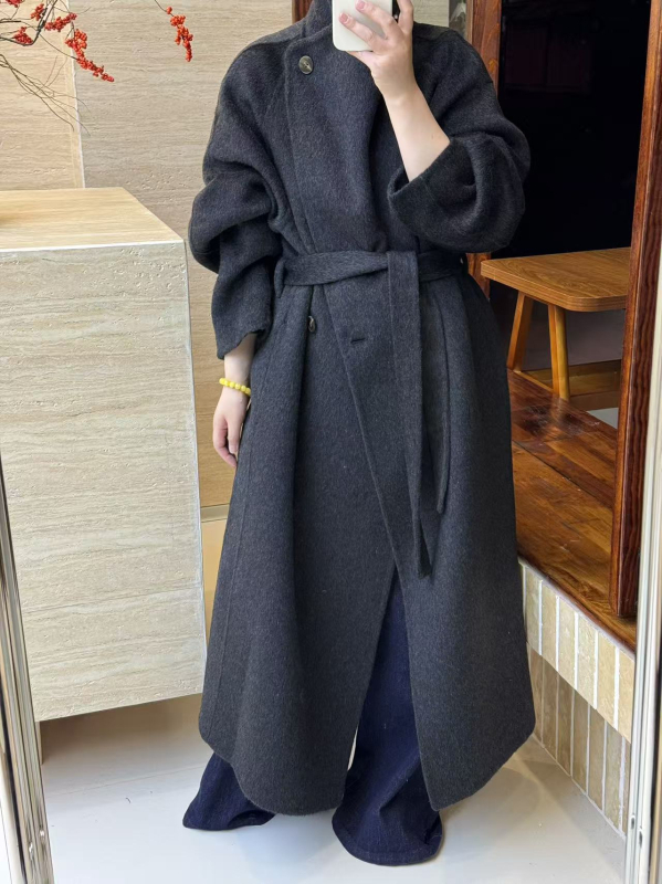 Ženski dugi vuneni kaput, dvostrani, s velikim reverom, korejski stil, opuštena silueta
