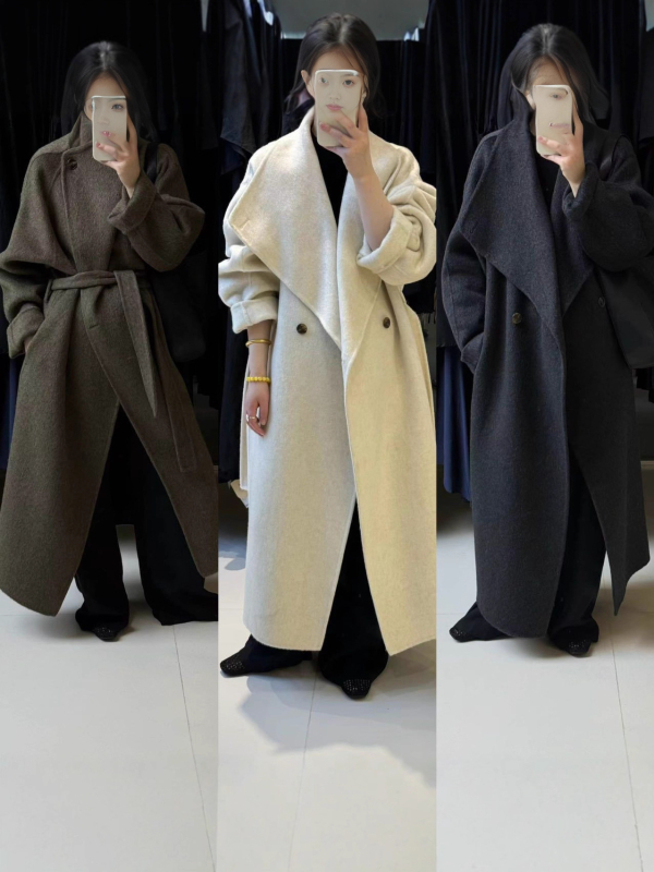 Ženski dugi vuneni kaput, dvostrani, s velikim reverom, korejski stil, opuštena silueta