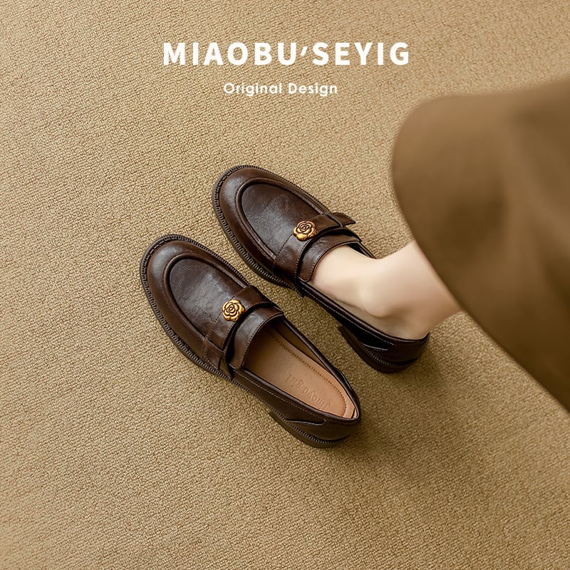 Mokasini od ovčje kože za žene, britski stil, okrugli vrh, gumena podplat, debeli pet 3–5 cm (okrugli vrh; gornji materijal: ovčja koža; podplat: guma)