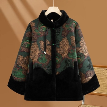 Moterų žieminis paltas su etniniu stiliumi, stora pūkų-pamuko įdaila, audinys medvilnės-poliesteris, stovimas kaklas, vidutinio ilgio