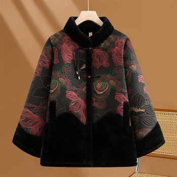 Moterų žieminis paltas su etniniu stiliumi, stora pūkų-pamuko įdaila, audinys medvilnės-poliesteris, stovimas kaklas, vidutinio ilgio