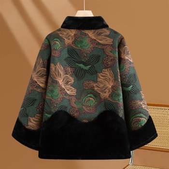 Moterų žieminis paltas su etniniu stiliumi, stora pūkų-pamuko įdaila, audinys medvilnės-poliesteris, stovimas kaklas, vidutinio ilgio