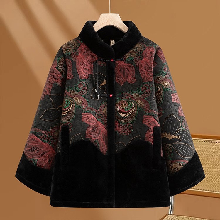 Moterų žieminis paltas su etniniu stiliumi, stora pūkų-pamuko įdaila, audinys medvilnės-poliesteris, stovimas kaklas, vidutinio ilgio