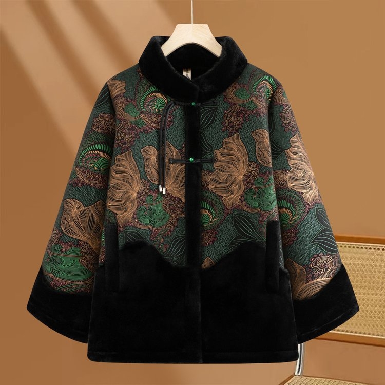 Moterų žieminis paltas su etniniu stiliumi, stora pūkų-pamuko įdaila, audinys medvilnės-poliesteris, stovimas kaklas, vidutinio ilgio