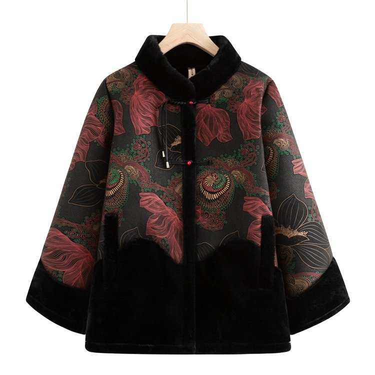 Moterų žieminis paltas su etniniu stiliumi, stora pūkų-pamuko įdaila, audinys medvilnės-poliesteris, stovimas kaklas, vidutinio ilgio