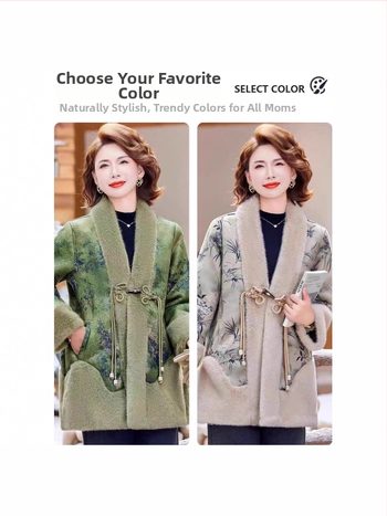 Sieviešu vidēja garuma mākslīgās kažokādas jaka, ķīniešu stil, literāro retro, augu un ziedu raksts, poliesters 90–95%, rudens 2025