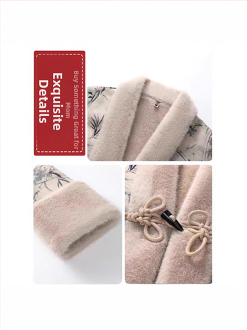 Sieviešu vidēja garuma mākslīgās kažokādas jaka, ķīniešu stil, literāro retro, augu un ziedu raksts, poliesters 90–95%, rudens 2025