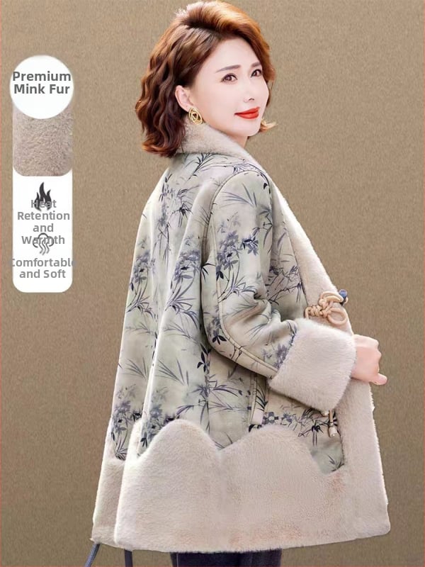 Palton din blană artificială pentru femei, lungime medie, stil chinezesc, retro literar, imprimeu cu plante și flori, poliester 90–95%, toamna 2025