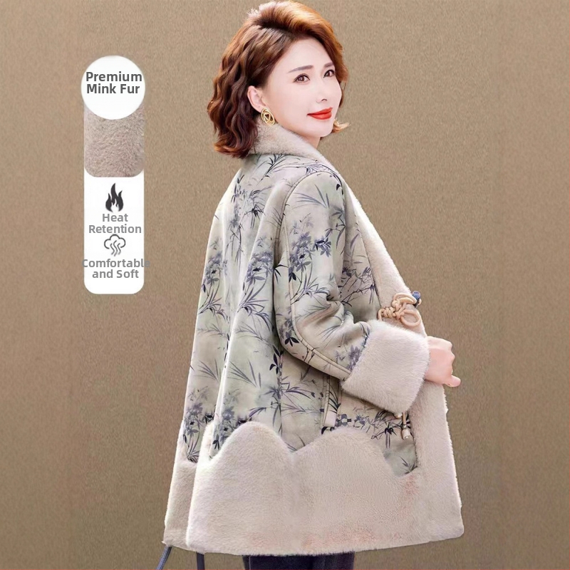 Sieviešu vidēja garuma mākslīgās kažokādas jaka, ķīniešu stil, literāro retro, augu un ziedu raksts, poliesters 90–95%, rudens 2025