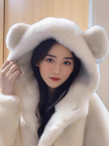 Ženski srednje dug kaput s kapuljačom od lažne dlake, dizajn s ušima medvjeda, raglan rukavi, zima 2025