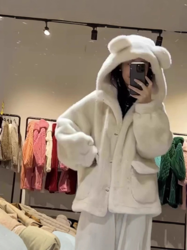 Ženski srednje dug kaput s kapuljačom od lažne dlake, dizajn s ušima medvjeda, raglan rukavi, zima 2025