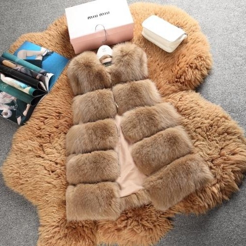 Жилет от изкуствена пух с имитация на лисица, средна дължина, кръгла яка, без ръкави, стил на знаменитост