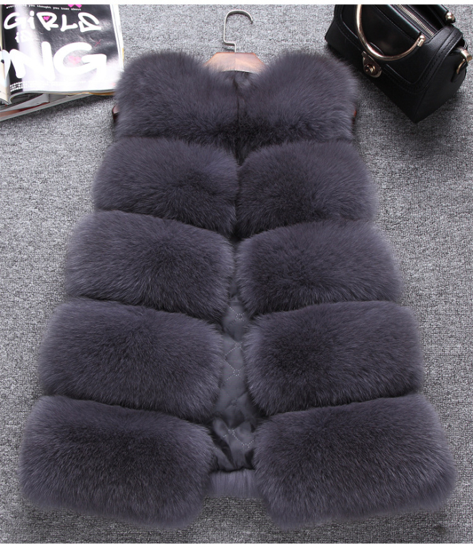 Жилет от изкуствена пух с имитация на лисица, средна дължина, кръгла яка, без ръкави, стил на знаменитост