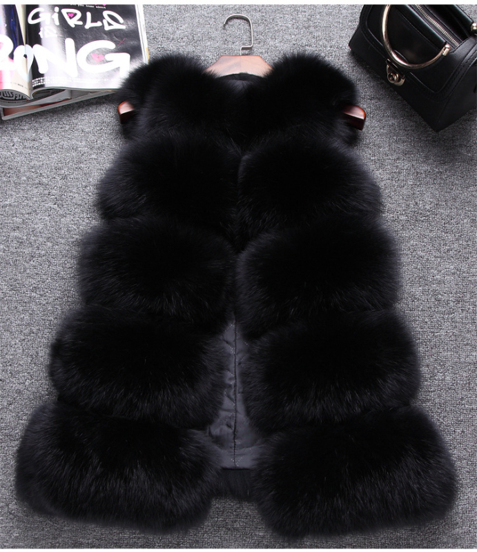 Жилет от изкуствена пух с имитация на лисица, средна дължина, кръгла яка, без ръкави, стил на знаменитост