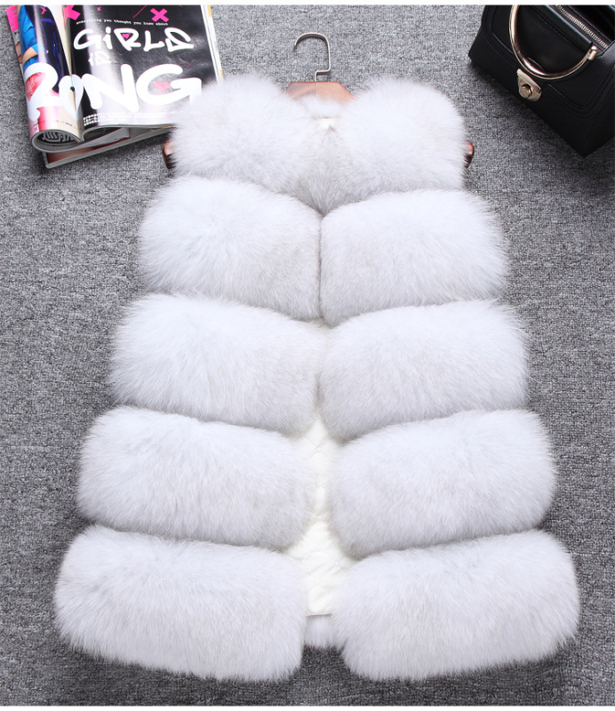 Жилет от изкуствена пух с имитация на лисица, средна дължина, кръгла яка, без ръкави, стил на знаменитост