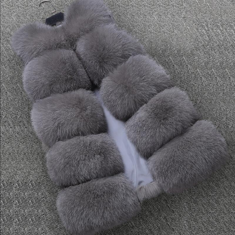 Жилет от изкуствена пух с имитация на лисица, средна дължина, кръгла яка, без ръкави, стил на знаменитост