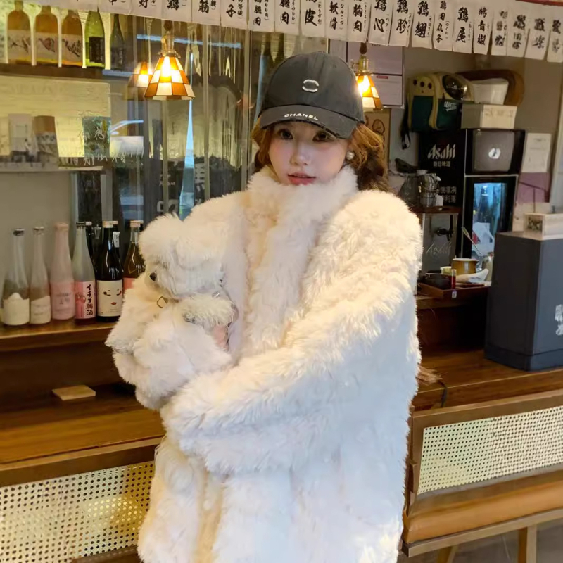 Jakna od umjetnog krzna sa stojećim ovratnikom, srednje duljine, dugi rukavi, korejski casual stil