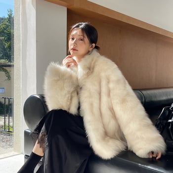 Pollyladyfur Jakna od umjetne lisice s efektom izmazane boje, srednje duljine, stojeći ovratnik, dugi rukavi, casual japansko-korejski stil, zima 2025