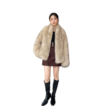 Pollyladyfur Jakna od umjetne lisice s efektom izmazane boje, srednje duljine, stojeći ovratnik, dugi rukavi, casual japansko-korejski stil, zima 2025