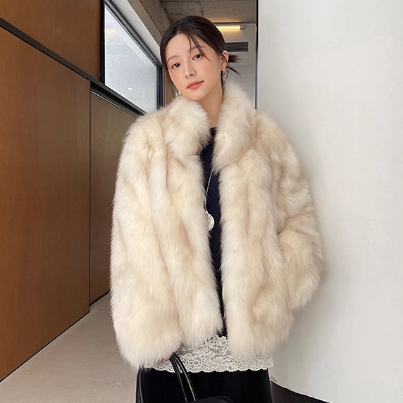 Pollyladyfur Jakna od umjetne lisice s efektom izmazane boje, srednje duljine, stojeći ovratnik, dugi rukavi, casual japansko-korejski stil, zima 2025