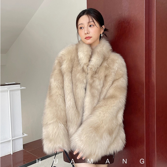 Pollyladyfur Jakna od umjetne lisice s efektom izmazane boje, srednje duljine, stojeći ovratnik, dugi rukavi, casual japansko-korejski stil, zima 2025