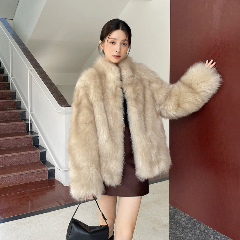 Pollyladyfur Jakna od umjetne lisice s efektom izmazane boje, srednje duljine, stojeći ovratnik, dugi rukavi, casual japansko-korejski stil, zima 2025