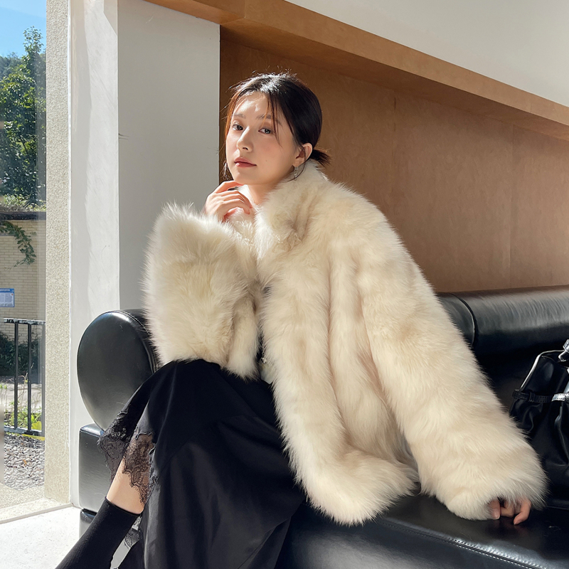 Pollyladyfur Jakna od umjetne lisice s efektom izmazane boje, srednje duljine, stojeći ovratnik, dugi rukavi, casual japansko-korejski stil, zima 2025