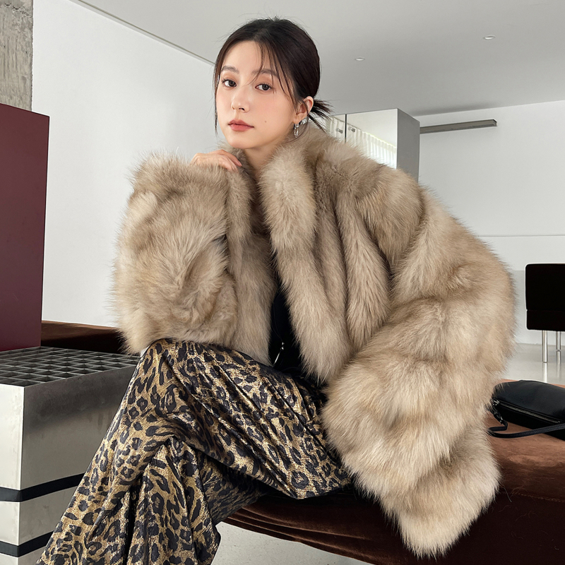 Pollyladyfur Jakna od umjetne lisice s efektom izmazane boje, srednje duljine, stojeći ovratnik, dugi rukavi, casual japansko-korejski stil, zima 2025