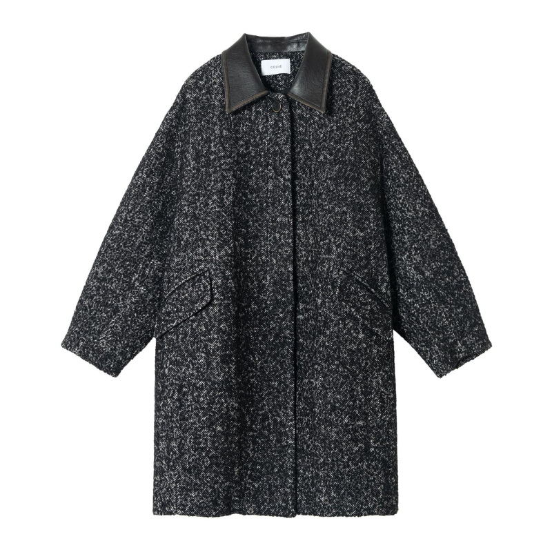 Palton de femei din lână cu guler din piele uzat, croială cocoon, stil retro — țesătură groasă, croială lejeră, lungime medie, închidere cu nasturi