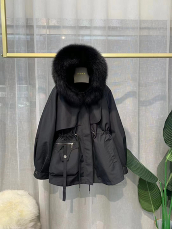 Parker-stílusú nyúl szőrme kabát leválasztható róka szőrme gallérral és Rex nyúl szőrme bélésével