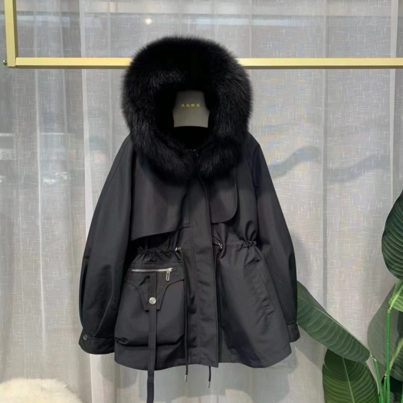 Parker-stílusú nyúl szőrme kabát leválasztható róka szőrme gallérral és Rex nyúl szőrme bélésével