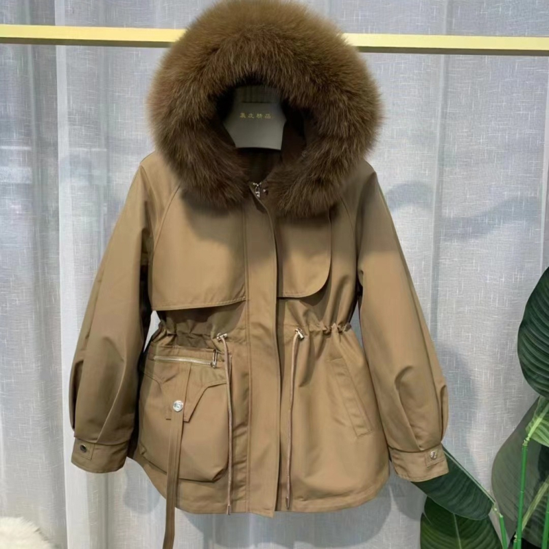 Parker-stílusú nyúl szőrme kabát leválasztható róka szőrme gallérral és Rex nyúl szőrme bélésével