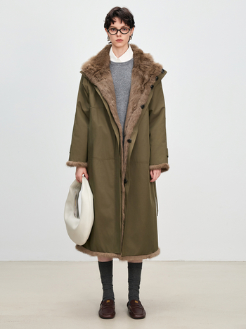 Palton lung din blană de iepure pentru femei, reversibil, căptușit cu blană de iepure, cu guler înalt, Toamnă 2025