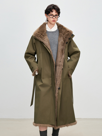 Palton lung din blană de iepure pentru femei, reversibil, căptușit cu blană de iepure, cu guler înalt, Toamnă 2025