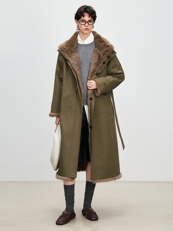 Palton lung din blană de iepure pentru femei, reversibil, căptușit cu blană de iepure, cu guler înalt, Toamnă 2025